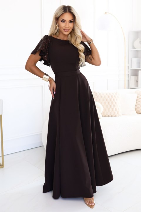 694-2 MIRELLA Elegancka rozkloszowana sukienka maxi z cekinowymi rękawami - czekoladowy brąz