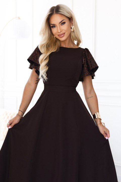 694-2 MIRELLA Elegancka rozkloszowana sukienka maxi z cekinowymi rękawami - czekoladowy brąz