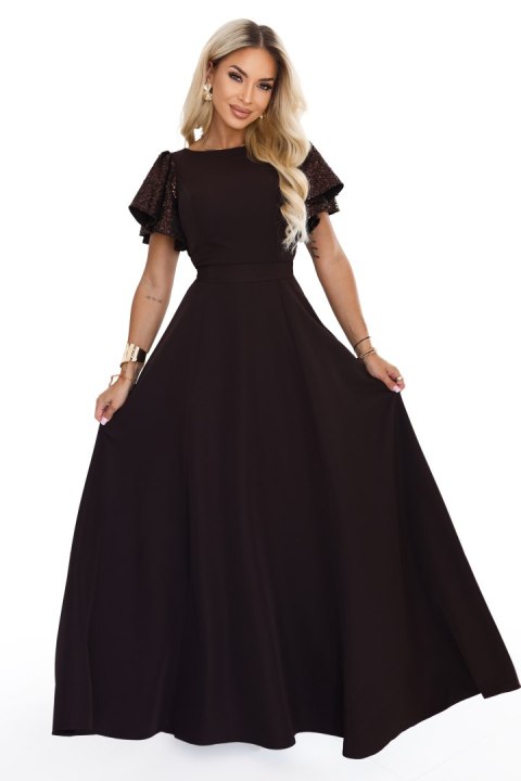694-2 MIRELLA Elegancka rozkloszowana sukienka maxi z cekinowymi rękawami - czekoladowy brąz