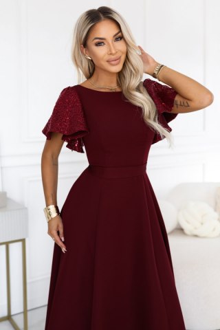 694-3 MIRELLA Elegancka rozkloszowana sukienka maxi z cekinowymi rękawami - bordowa