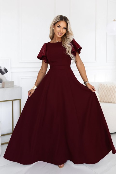 694-3 MIRELLA Elegancka rozkloszowana sukienka maxi z cekinowymi rękawami - bordowa