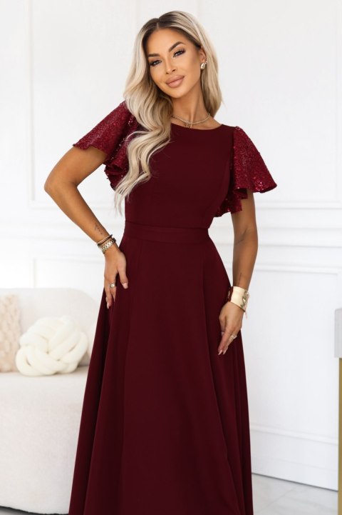 694-3 MIRELLA Elegancka rozkloszowana sukienka maxi z cekinowymi rękawami - bordowa