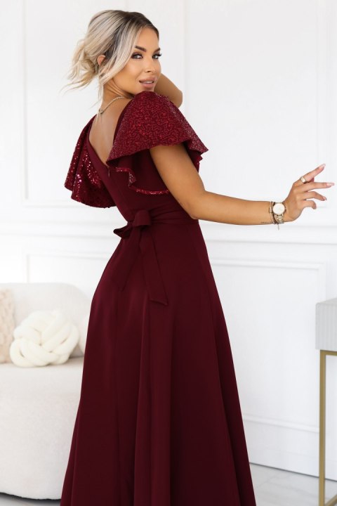 694-3 MIRELLA Elegancka rozkloszowana sukienka maxi z cekinowymi rękawami - bordowa