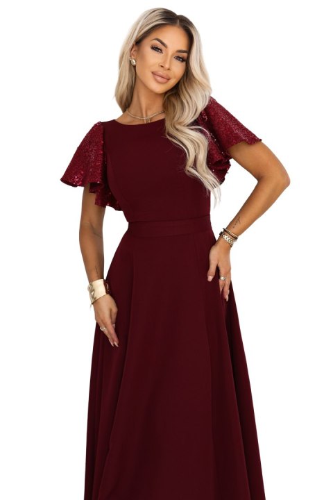 694-3 MIRELLA Elegancka rozkloszowana sukienka maxi z cekinowymi rękawami - bordowa