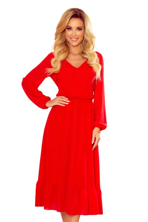 304-3 Szyfonowa sukienka midi z dekoltem i falbanką - CZERWONA