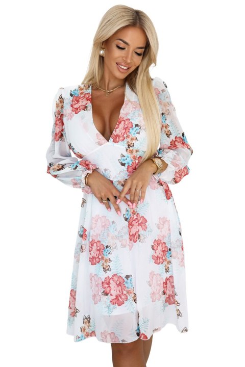 388-3 FRANCES szyfonowa kopertowa sukienka z długim rękawkiem - MALWY