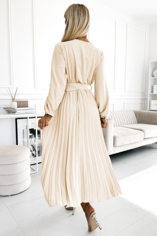504-7 VIVIANA Plisowana sukienka midi z dekoltem, długim rękawkiem i szerokim paskiem - JASNY BEŻ