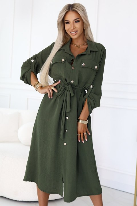 531-5 Szmizjerka midi ze złotymi guzikami i wiązaniem - KHAKI