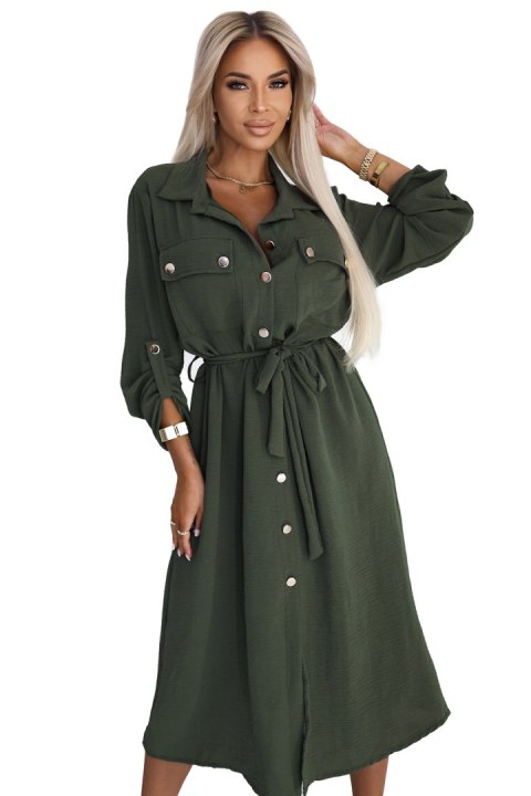 531-5 Szmizjerka midi ze złotymi guzikami i wiązaniem - KHAKI