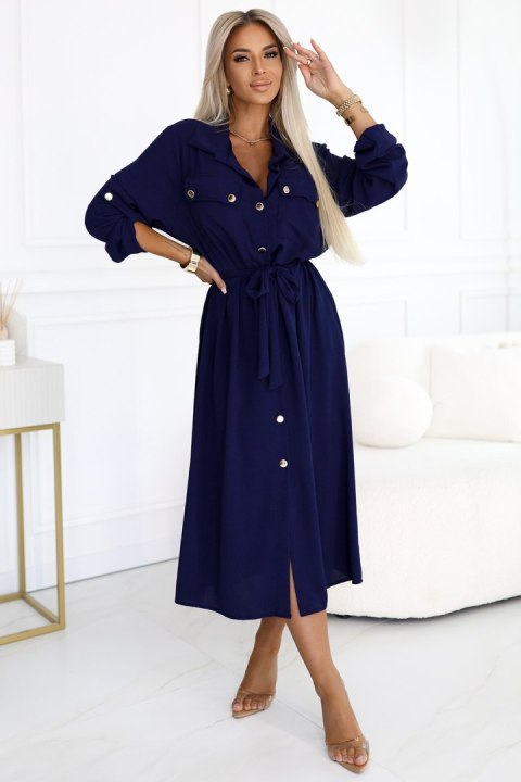 531-6 Szmizjerka midi ze złotymi guzikami i wiązaniem - GRANATOWA