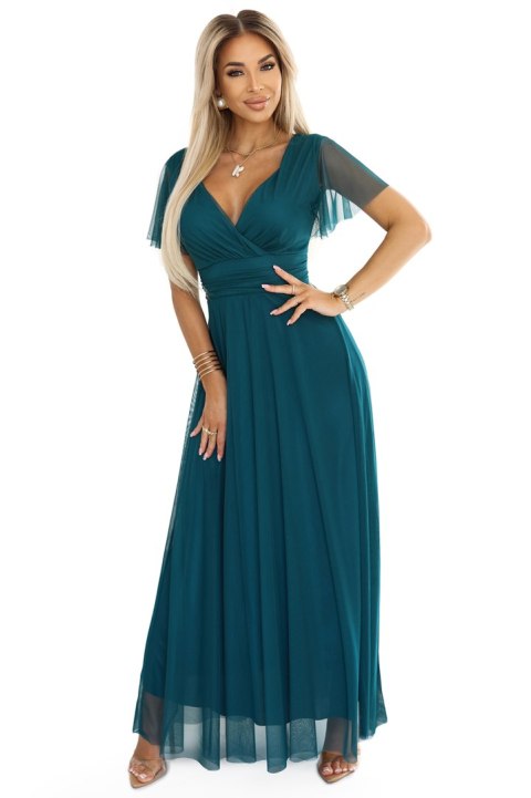 562-4 NASTIA Długa sukienka z dekoltem i krótkim rękawkiem - ZIELONA