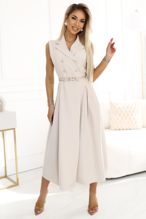 596-1 Elegancka szmizjerka midi ze złotymi guzikami i paskiem - BEŻOWA