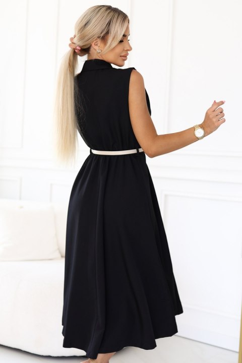 596-3 Elegancka szmizjerka midi ze złotymi guzikami i paskiem - CZARNA