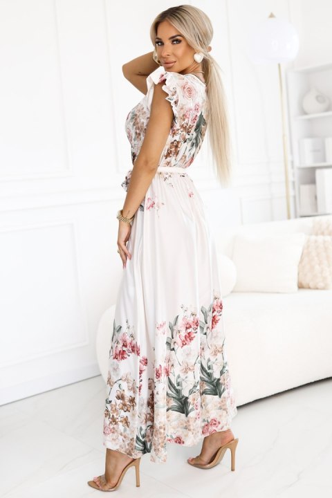 609-1 Satynowa sukienka maxi z dekoltem i kwiatowym ombre - elegancja w stylu boho