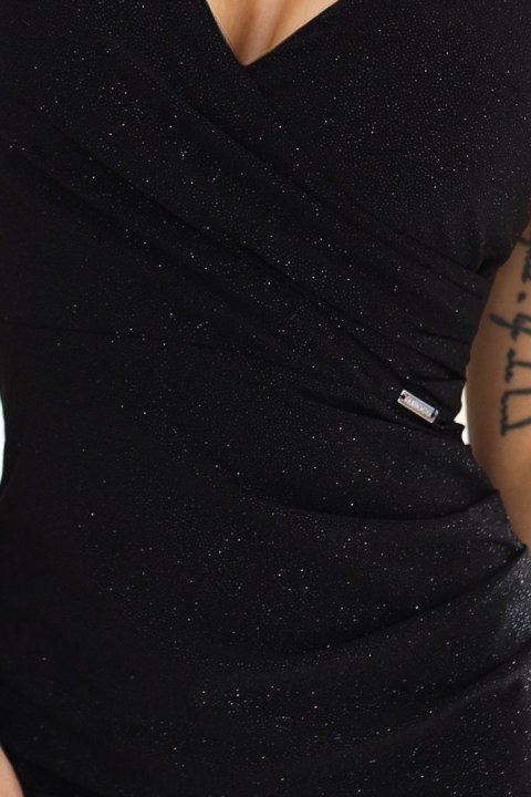 610-1 Olśniewająca brokatowa sukienka ołówkowa z kopertowym dekoltem i ramiączkami - czarna