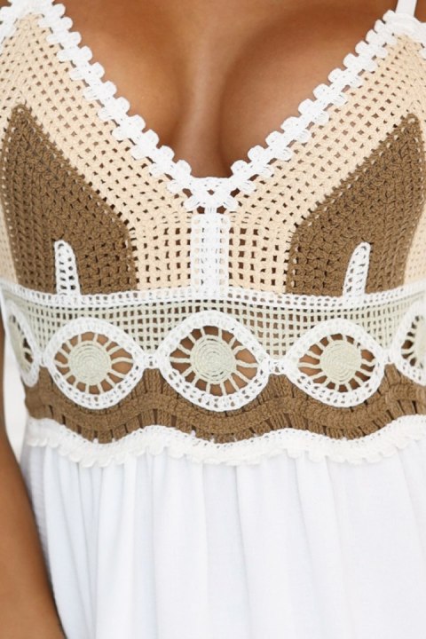612-1 Długa beżowo-biała sukienka na ramiączkach z szydełkową górą - boho