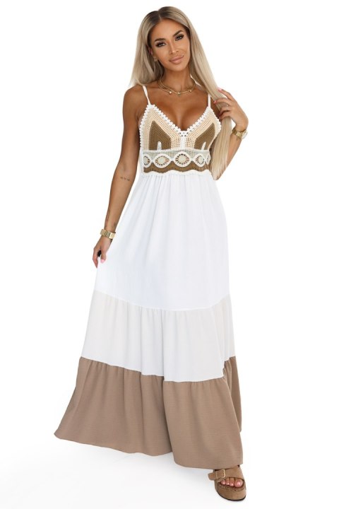 612-1 Długa beżowo-biała sukienka na ramiączkach z szydełkową górą - boho