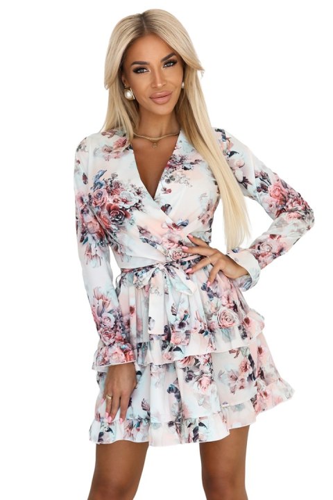 297-3 CAROLINE Zwiewna sukienka z kopertowym dekoltem i falbanami - kolorowe kwiaty