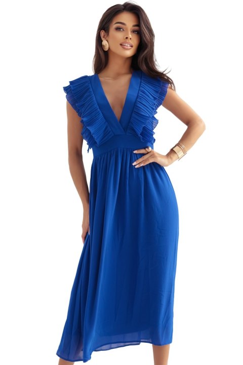 367-3 YANA Sukienka midi z plisowanymi falbankami i dekoltem - kolor chabrowy