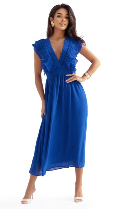 367-3 YANA Sukienka midi z plisowanymi falbankami i dekoltem - kolor chabrowy