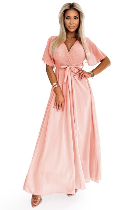 545-4 Długa sukienka z plisowanym dekoltem i wiązaniem - BRZOSKWINIOWA