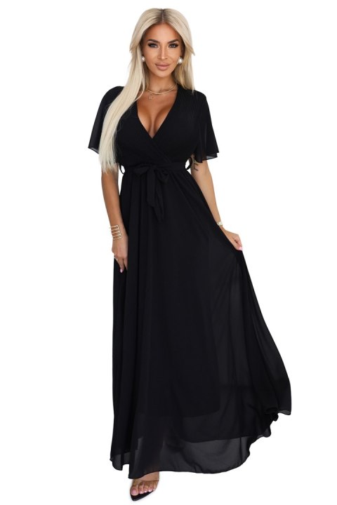 545-5 Długa sukienka z plisowanym dekoltem i wiązaniem - CZARNA