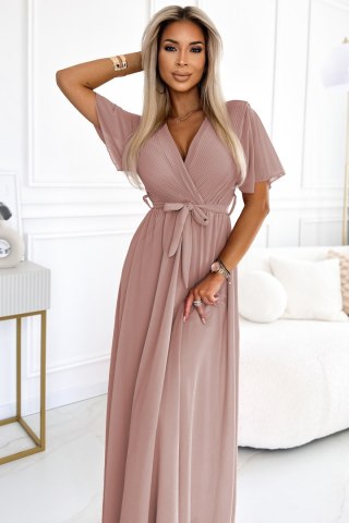 545-6 Długa sukienka z plisowanym dekoltem i wiązaniem - taupe
