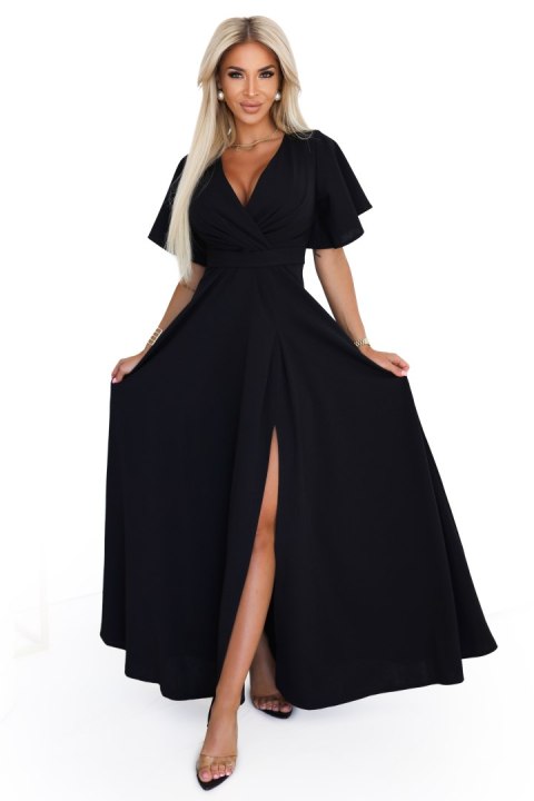 581-7 JENNIFER długa suknia z rozcięciem na nogę, rękawkiem i dekoltem - czarna