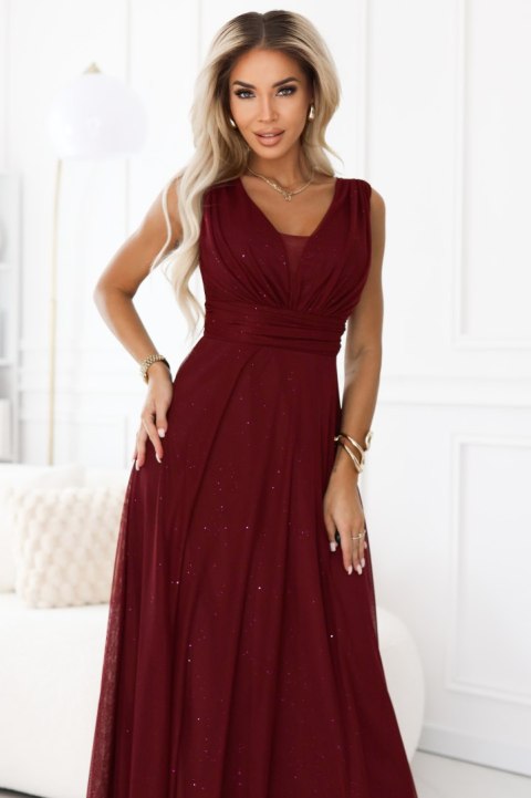637-1 Wieczorowa długa sukienka z brokatowym akcentem i głębokim dekoltem - bordowa