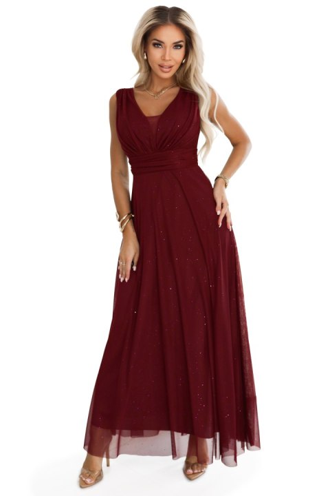 637-1 Wieczorowa długa sukienka z brokatowym akcentem i głębokim dekoltem - bordowa