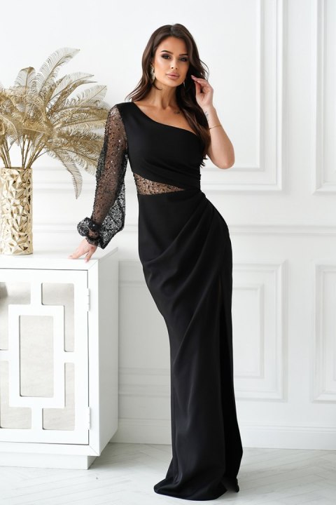 296-06 Sukienka Cekinowa Na Jedno Ramię - czarny