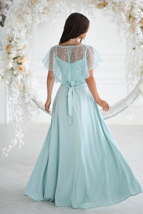 333-03 Elegancka Sukienka Na Ramiączkach Z Cekinowym Bolerkiem - miętowy