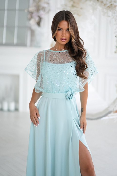 333-03 Elegancka Sukienka Na Ramiączkach Z Cekinowym Bolerkiem - miętowy