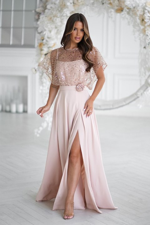 333-21 Elegancka Sukienka Na Ramiączkach Z Cekinowym Bolerkiem - beżowy