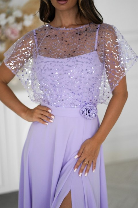 333-50 Elegancka Sukienka Na Ramiączkach Z Cekinowym Bolerkiem - liliowy
