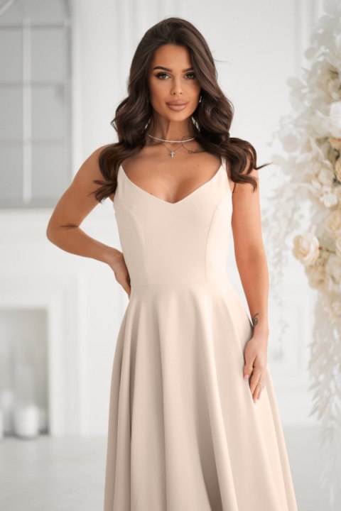 244-21 Sukienka Midi Na Ramiączkach - beżowy