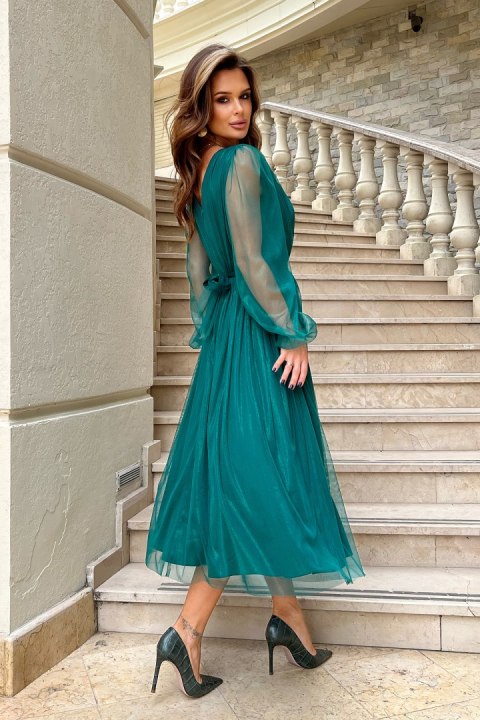 269-13 Sukienka Midi Z Brokatową Siatką - butelkowy