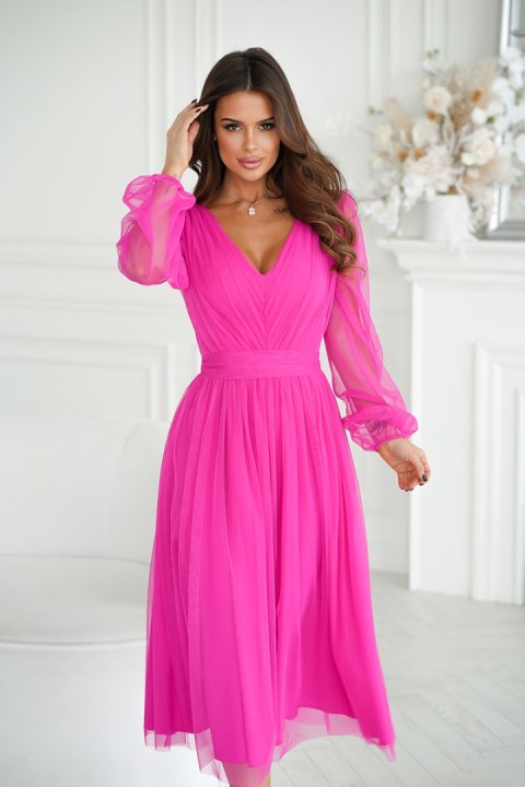 269-17 Sukienka Midi Z Brokatową Siatką - róż neonowy