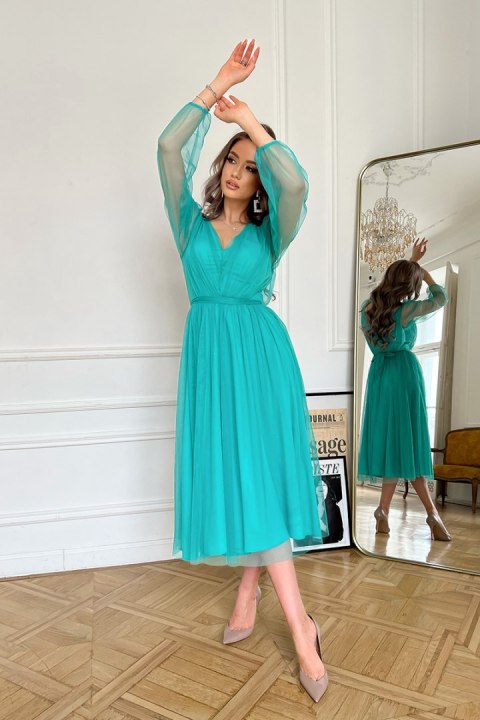 269-18 Sukienka Midi Z Brokatową Siatką - turkusowy