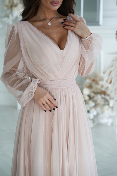 269-21 Sukienka Midi Z Brokatową Siatką - beżowy