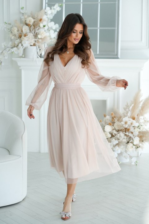 269-21 Sukienka Midi Z Brokatową Siatką - beżowy