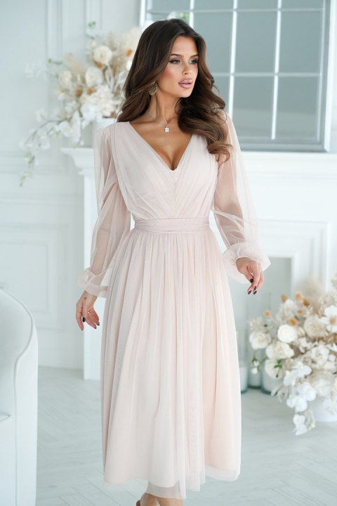 269-21 Sukienka Midi Z Brokatową Siatką - beżowy