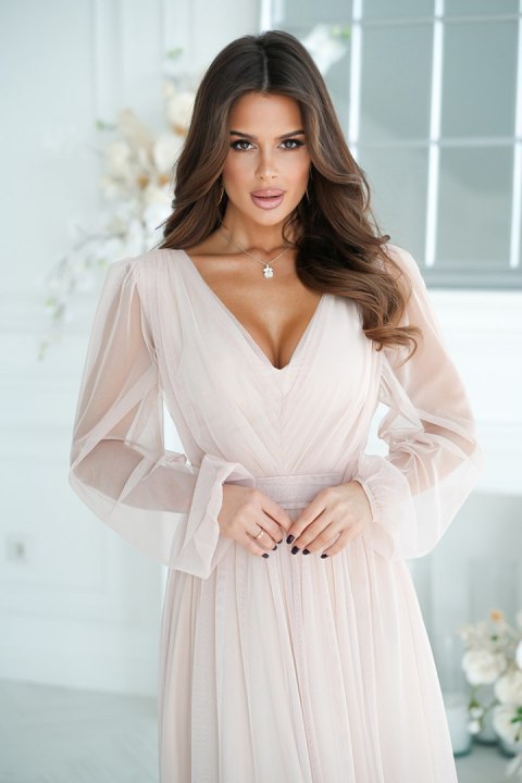 269-21 Sukienka Midi Z Brokatową Siatką - beżowy