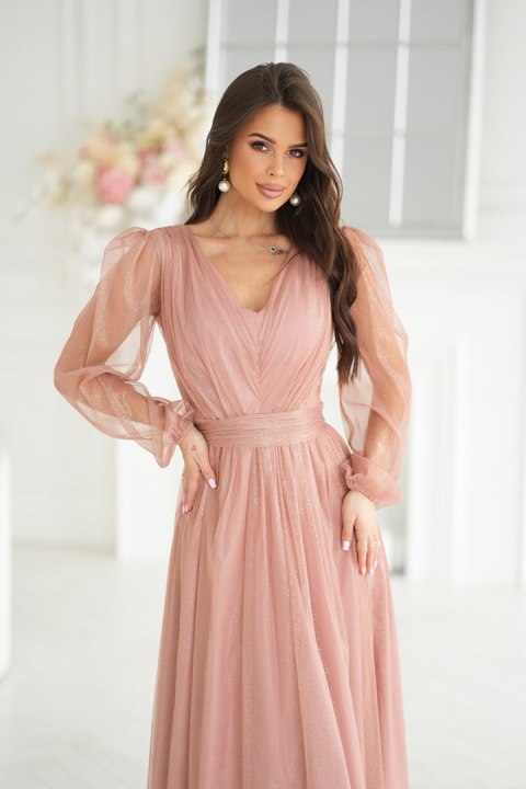 269-28 Sukienka Midi Z Brokatową Siatką - nude