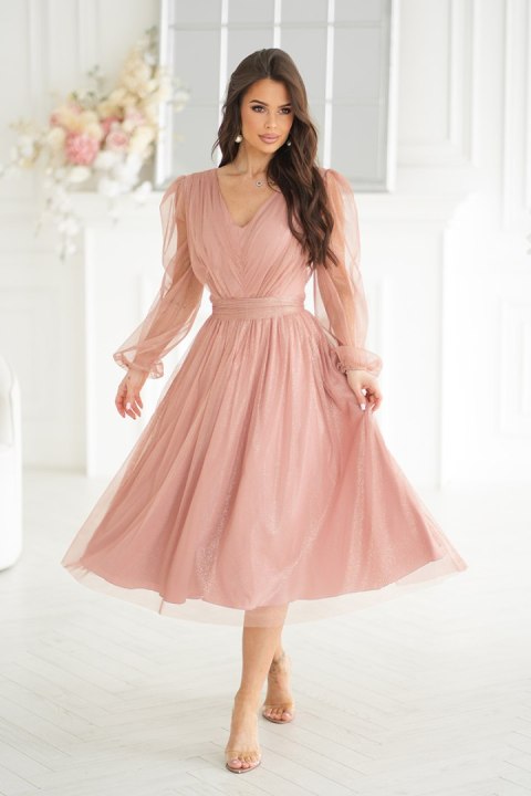 269-28 Sukienka Midi Z Brokatową Siatką - nude