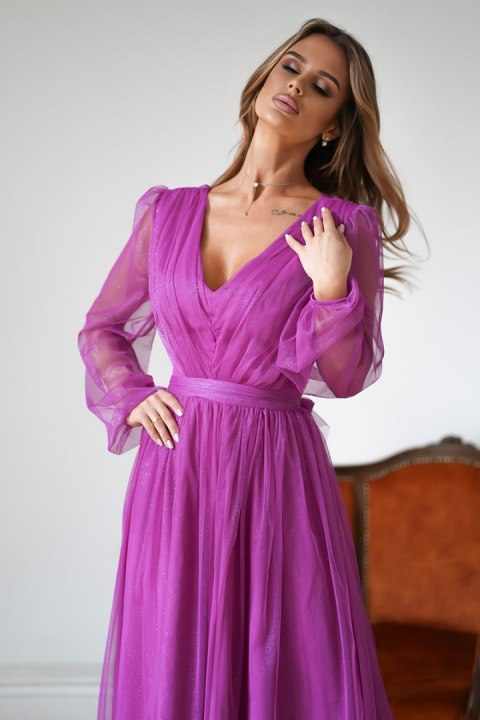 269-51-01 Sukienka Midi Z Brokatową Siatką - fioletowy