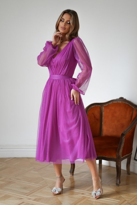 269-51-01 Sukienka Midi Z Brokatową Siatką - fioletowy