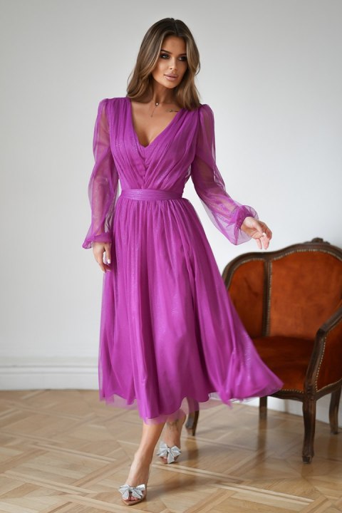 269-51-01 Sukienka Midi Z Brokatową Siatką - fioletowy