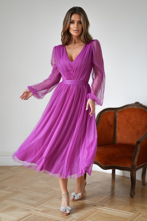 269-51-01 Sukienka Midi Z Brokatową Siatką - fioletowy