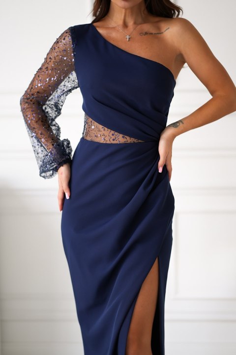 296-01 Sukienka Cekinowa Na Jedno Ramię - Granatowy